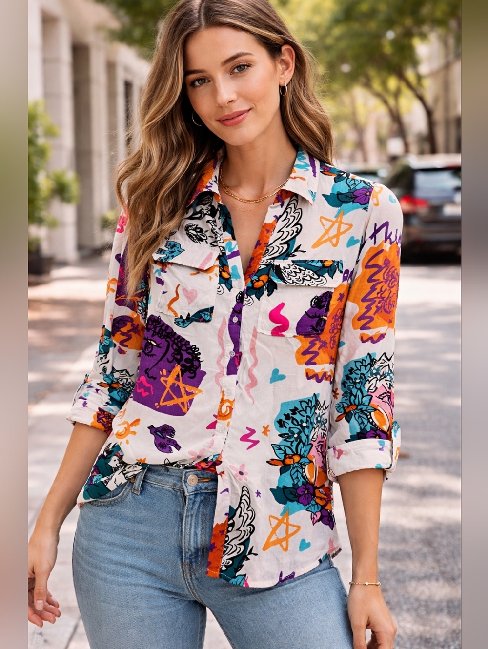 Women's Printed Button-Down Shirt - White with Purple, Teal & Orange